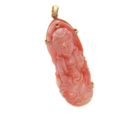GENUINE NATURAL PINK CORAL KWAN YIN PENDANT SOLID 14K YELLOW GOLD