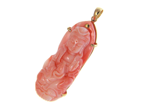 GENUINE NATURAL PINK CORAL KWAN YIN PENDANT SOLID 14K YELLOW GOLD