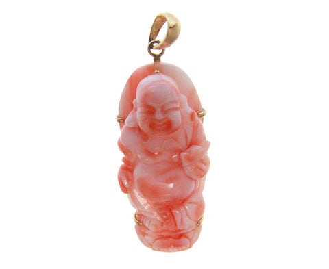 GENUINE NATURAL PINK CORAL BUDDHA PENDANT SOLID 14K YELLOW GOLD