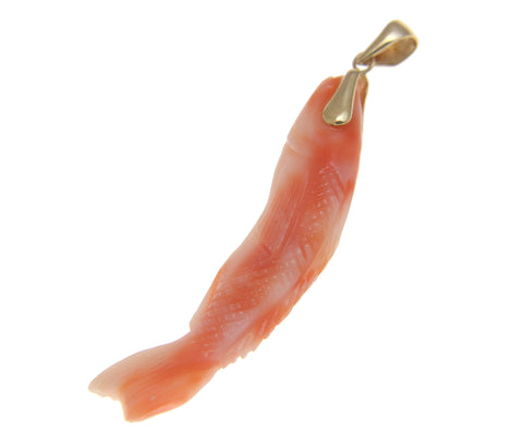 GENUINE NATURAL PINK CORAL 3D 2 SIDED CARVED FISH PENDANT 14K YELLOW GOLD 9.5MM