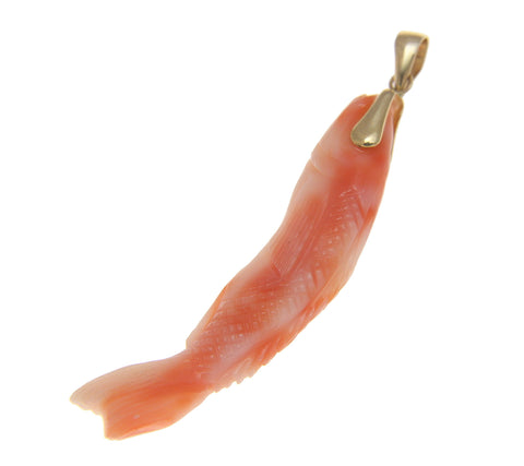 GENUINE NATURAL PINK CORAL 3D 2 SIDED CARVED FISH PENDANT 14K YELLOW GOLD 9.5MM