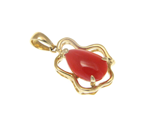 GENUINE NATURAL PEAR SHAPE RED CORAL PENDANT SOLID 14K YELLOW GOLD 11.60MM