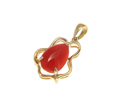 GENUINE NATURAL PEAR SHAPE RED CORAL PENDANT SOLID 14K YELLOW GOLD 11.60MM