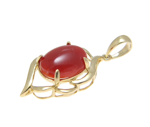 GENUINE NATURAL OVAL CABOCHON RED CORAL PENDANT SOLID 14K YELLOW GOLD