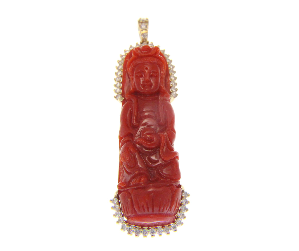 GENUINE NATURAL RED CORAL KWAN YIN DIAMOND PENDANT SOLID 14K YELLOW GOLD
