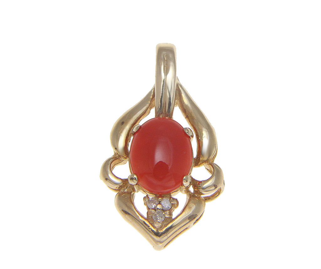 GENUINE NATURAL OVAL CABOCHON RED CORAL DIAMOND SLIDE PENDANT 14K YELLOW GOLD