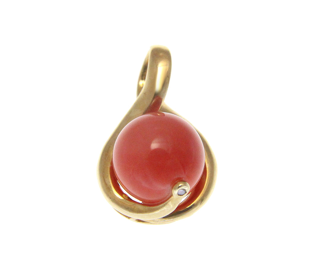 GENUINE NATURAL PINK CORAL 10.70MM BALL DIAMOND PENDANT SOLID 14K YELLOW GOLD