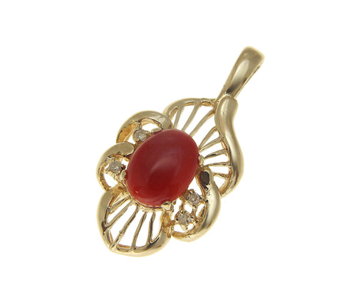 GENUINE NATURAL OVAL CABOCHON RED CORAL DIAMOND SLIDE PENDANT 14K YELLOW GOLD