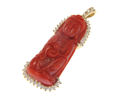 GENUINE NATURAL RED CORAL KWAN YIN DIAMOND PENDANT SOLID 14K YELLOW GOLD