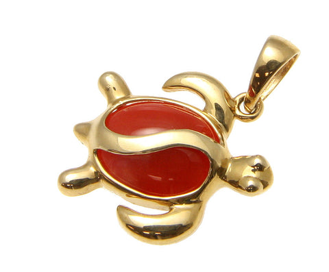 GENUINE NATURAL RED CORAL PENDANT HAWAIIAN HONU TURTLE SOLID 14K YELLOW GOLD