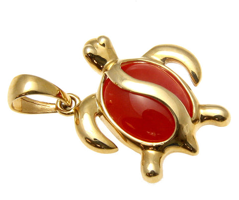 GENUINE NATURAL RED CORAL PENDANT HAWAIIAN HONU TURTLE SOLID 14K YELLOW GOLD