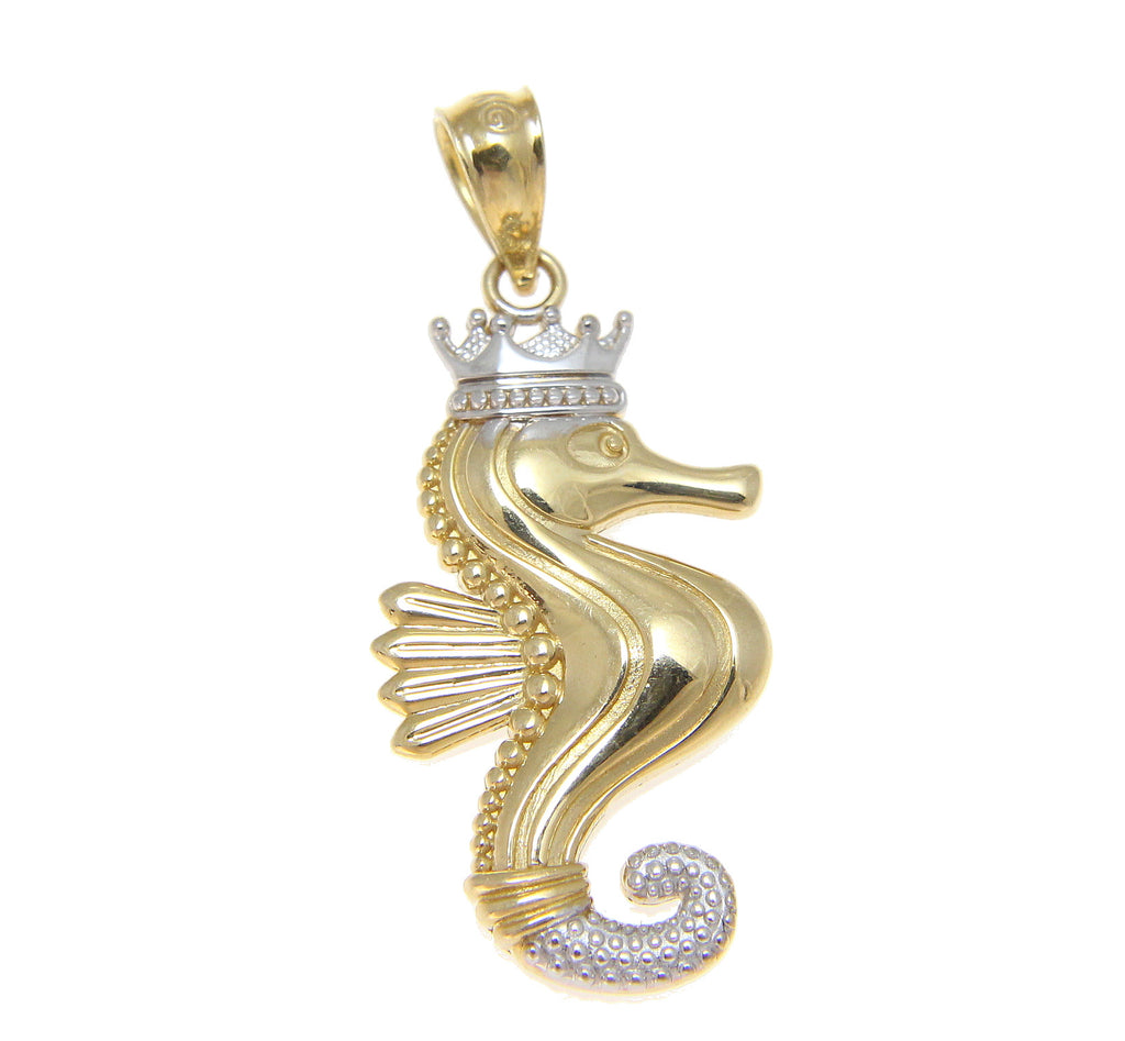 SOLID 14K YELLOW GOLD WHITE GOLD HAWAIIAN CROWN SEAHORSE CHARM PENDANT 11.45MM