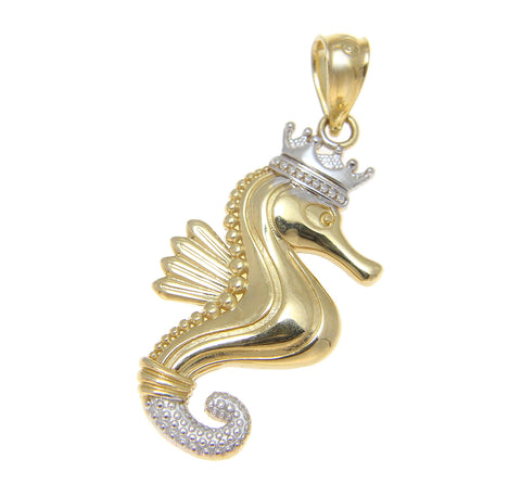 SOLID 14K YELLOW GOLD WHITE GOLD HAWAIIAN CROWN SEAHORSE CHARM PENDANT 11.45MM