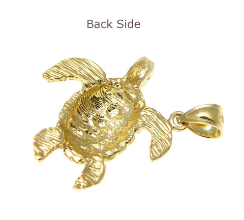 14K SOLID YELLOW GOLD SPARKLY DIAMOND CUT HAWAIIAN SEA TURTLE HONU PENDANT LARGE