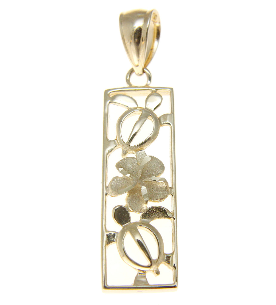 14K YELLOW GOLD HAWAIIAN CUT OUT HONU TURTLE PLUMERIA FLOWER VERTICAL PENDANT