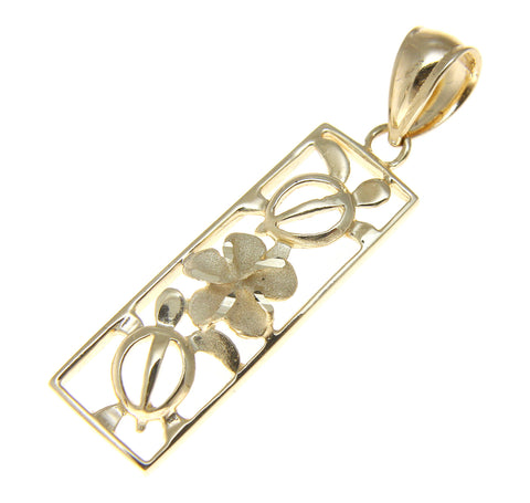 14K YELLOW GOLD HAWAIIAN CUT OUT HONU TURTLE PLUMERIA FLOWER VERTICAL PENDANT