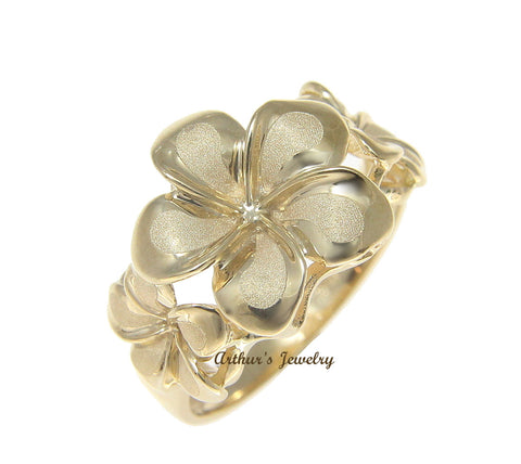 SOLID 14K YELLOW GOLD 8.5MM-13MM-8.5MM HAWAIIAN PLUMERIA FLOWER RING