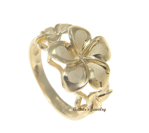 SOLID 14K YELLOW GOLD 8.5MM-13MM-8.5MM HAWAIIAN PLUMERIA FLOWER RING