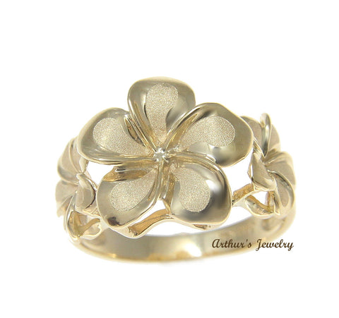 SOLID 14K YELLOW GOLD 8.5MM-13MM-8.5MM HAWAIIAN PLUMERIA FLOWER RING