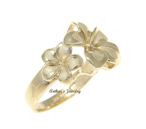 SOLID 14K YELLOW GOLD 8.5MM-13MM-8.5MM HAWAIIAN PLUMERIA FLOWER RING