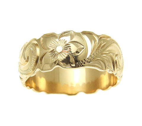 14K YELLOW GOLD HAND ENGRAVED HAWAIIAN PLUMERIA SCROLL BAND RING CUT OUT 8MM