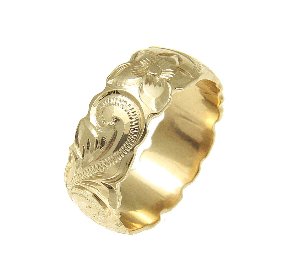 14K YELLOW GOLD HAND ENGRAVED HAWAIIAN PLUMERIA SCROLL BAND RING CUT OUT 8MM