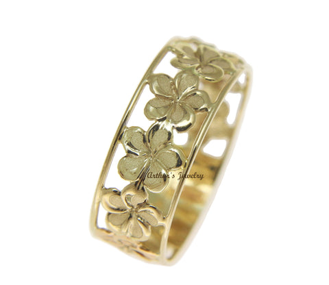 14K SOLID YELLOW GOLD HAWAIIAN FANCY PLUMERIA FLOWER 6.5MM LEI RING