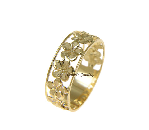 14K SOLID YELLOW GOLD HAWAIIAN FANCY PLUMERIA FLOWER 6.5MM LEI RING