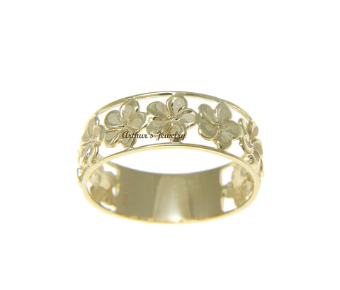14K SOLID YELLOW GOLD HAWAIIAN FANCY PLUMERIA FLOWER 6.5MM LEI RING