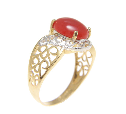 GENUINE NATURAL OVAL CABOCHON RED CORAL RING SOLID 14K YELLOW GOLD