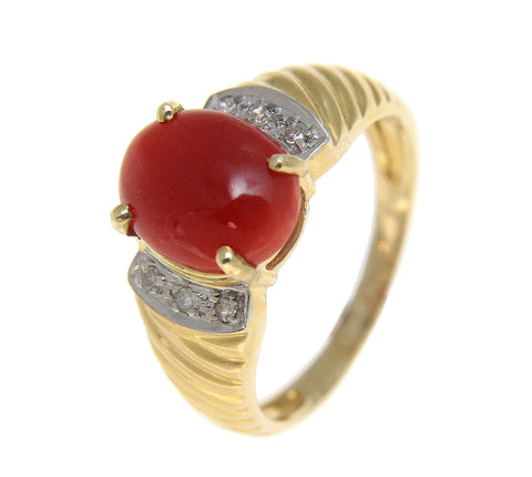 GENUINE NATURAL OVAL CABOCHON RED CORAL DIAMOND RING SOLID 14K YELLOW GOLD