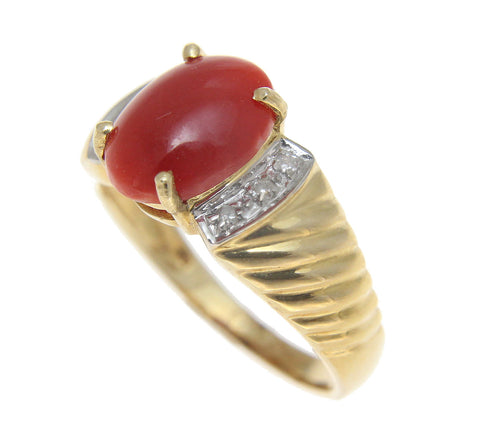 GENUINE NATURAL OVAL CABOCHON RED CORAL DIAMOND RING SOLID 14K YELLOW GOLD