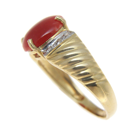 GENUINE NATURAL OVAL CABOCHON RED CORAL DIAMOND RING SOLID 14K YELLOW GOLD