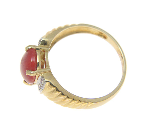 GENUINE NATURAL OVAL CABOCHON RED CORAL DIAMOND RING SOLID 14K YELLOW GOLD