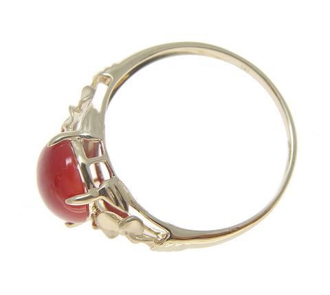 GENUINE NATURAL RED CORAL RING SOLID 14K YELLOW GOLD HAWAIIAN PLUMERIA FLOWER