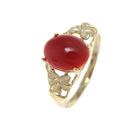 GENUINE NATURAL RED CORAL RING SOLID 14K YELLOW GOLD HAWAIIAN PLUMERIA FLOWER