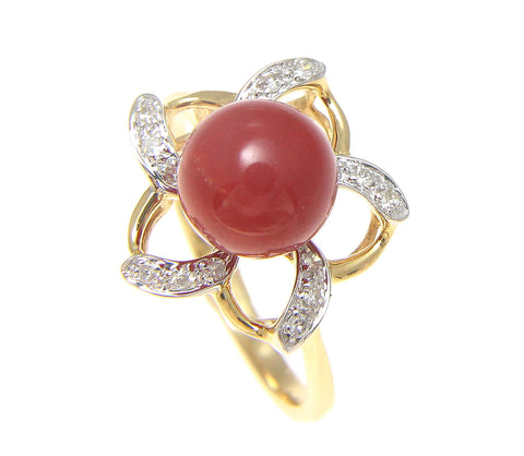GENUINE NATURAL NOT ENHANCED RED CORAL BALL DIAMOND RING SOLID 14K YELLOW GOLD