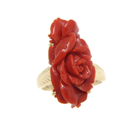 GENUINE NATURAL RED CORAL CARVED FLOWER RING SET IN SOLID 14K YELLOW GOLD