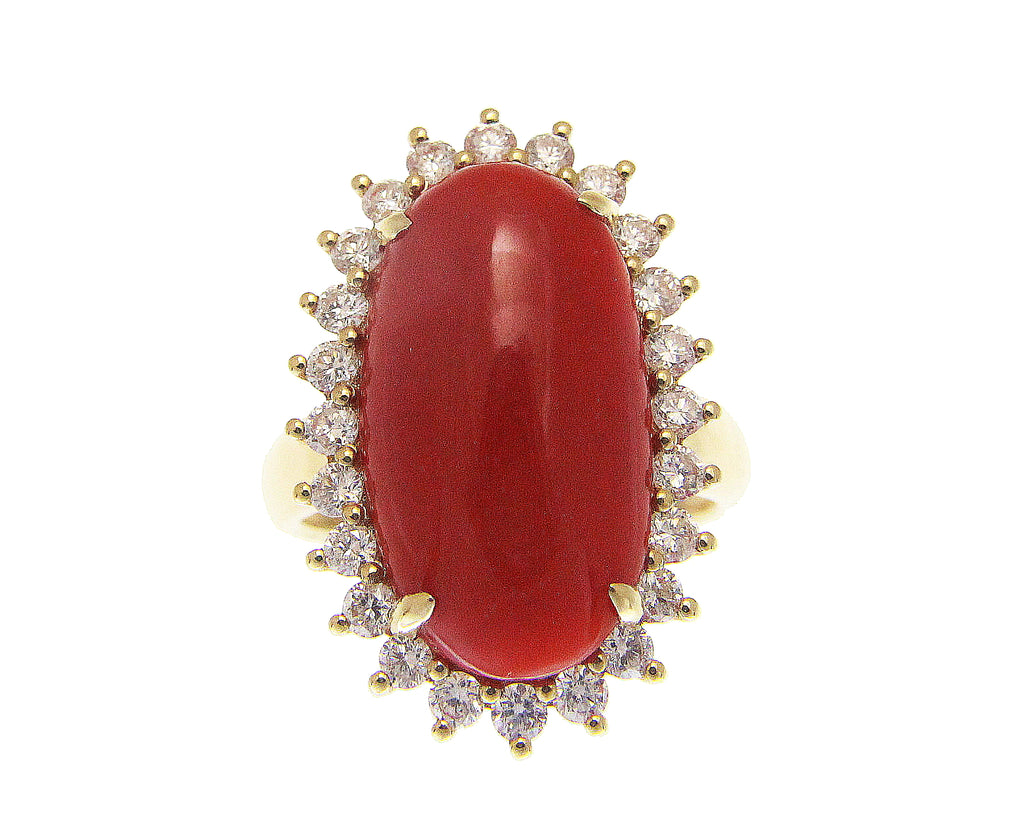 GENUINE NATURAL CABOCHON RED CORAL DIAMOND RING SOLID 14K YELLOW GOLD