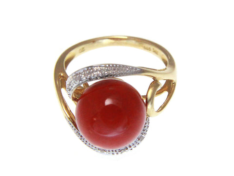GENUINE NATURAL 10.35MM RED CORAL BALL DIAMOND RING SOLID 14K YELLOW GOLD
