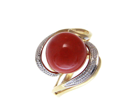 GENUINE NATURAL 10.35MM RED CORAL BALL DIAMOND RING SOLID 14K YELLOW GOLD