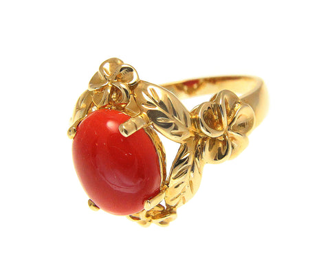 GENUINE NATURAL RED CORAL RING HAWAIIAN PLUMERIA MAILE LEAF 14K YELLOW GOLD