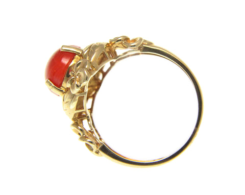 GENUINE NATURAL RED CORAL RING HAWAIIAN PLUMERIA MAILE LEAF 14K YELLOW GOLD