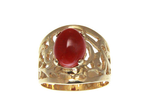 GENUINE NATURAL 7.6MMX9.7MM OVAL CABOCHON RED CORAL RING SOLID 14K YELLOW GOLD