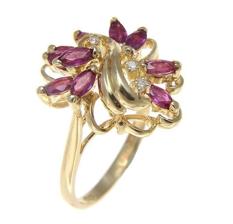 GENUINE MARQUISE CUT RUBY & DIAMOND COCKTAIL RING SOLID 14K YELLOW GOLD
