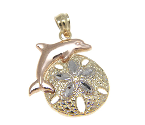 SOLID 14K ROSE GOLD HAWAIIAN DOLPHIN YELLOW WHITE GOLD SAND DOLLAR CHARM PENDENT