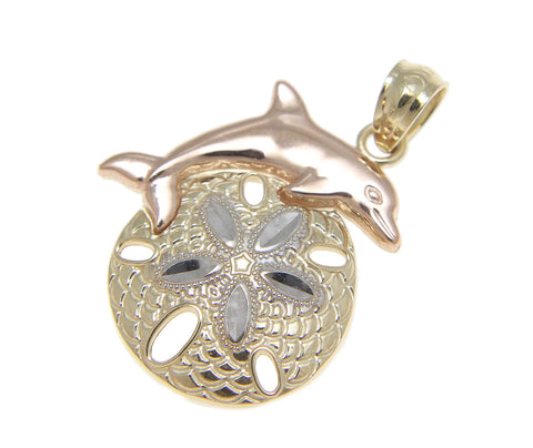 SOLID 14K ROSE GOLD HAWAIIAN DOLPHIN YELLOW WHITE GOLD SAND DOLLAR CHARM PENDENT