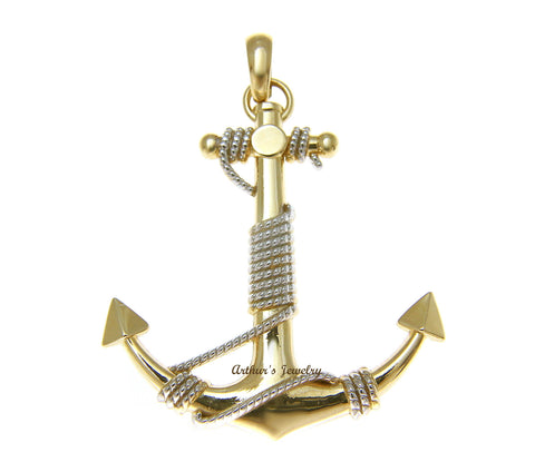 SOLID 14K YELLOW GOLD HIGH POLISH ANCHOR WHITE GOLD ROPE CHARM PENDENT 33MM