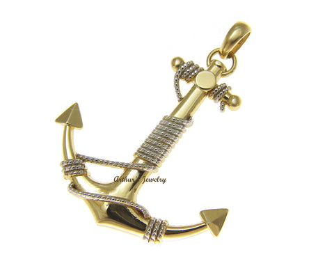 SOLID 14K YELLOW GOLD HIGH POLISH ANCHOR WHITE GOLD ROPE CHARM PENDENT 33MM