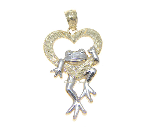 SOLID 14K YELLOW GOLD HEART WHITE GOLD HAWAIIAN LUCKY HAPPY FROG PENDANT 17.85MM